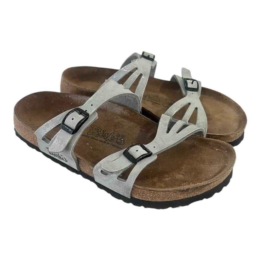 Vintage Birkis Birkenstock Womens 7 Silver Metalic Leather Strap Buckle Sandals